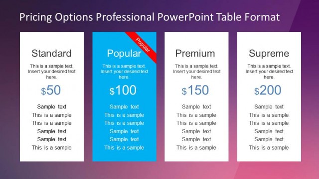 Professional Pricing Options Table with Four Products for PowerPoint