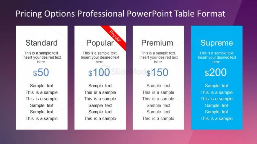 Professional Pricing Options PowerPoint table for PowerPoint with Four Columns