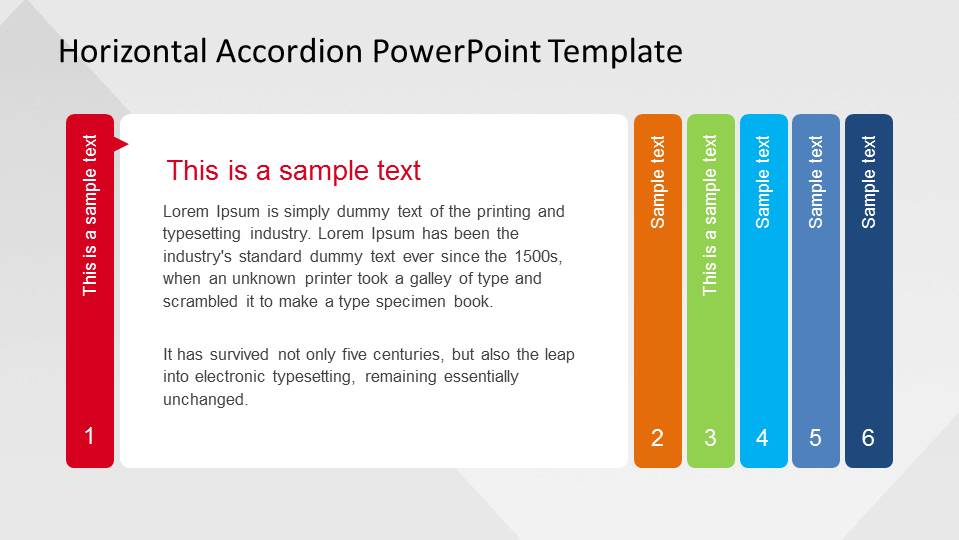 Step one of six in Horizontal Accordion PowerPoint Template