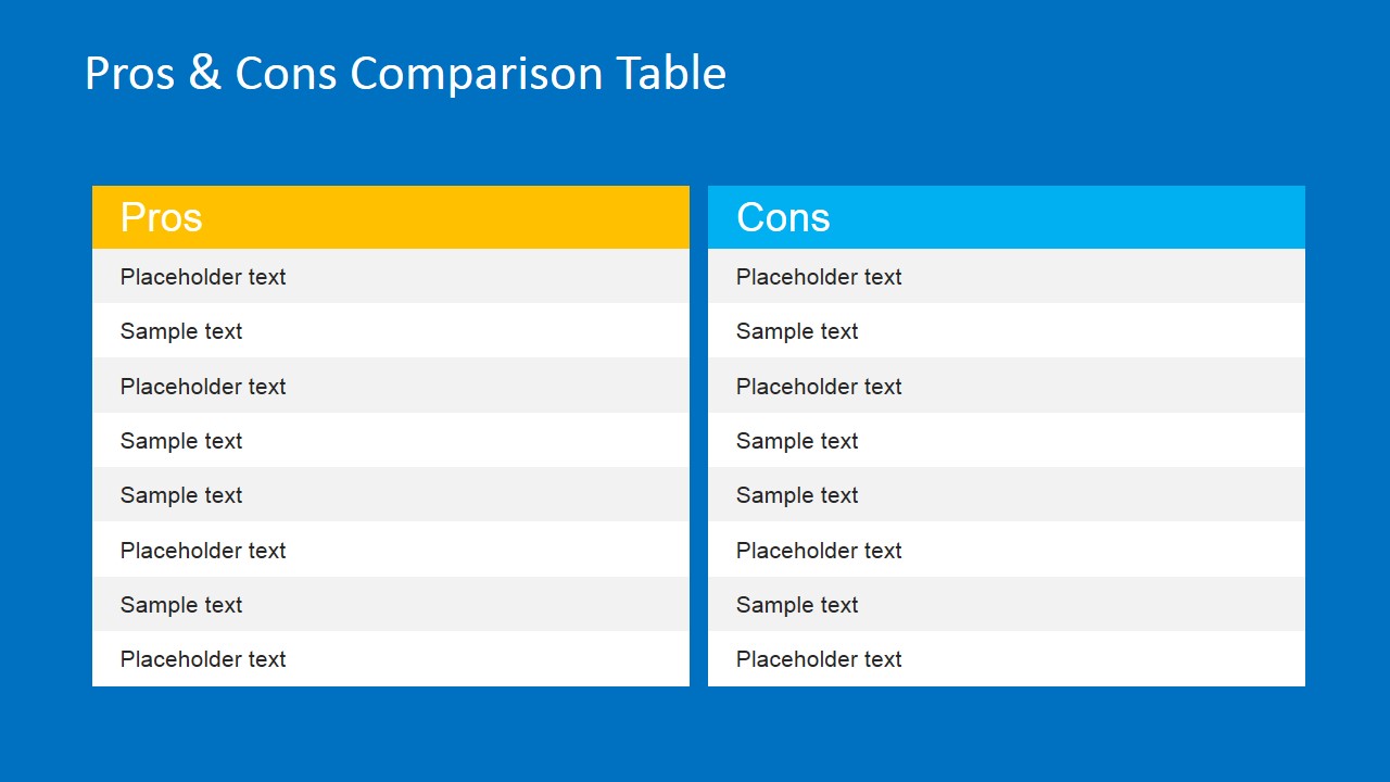 Example Of Pros And Cons Comparison Table PowerPoint