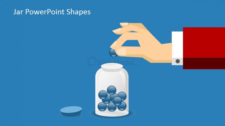 Creative Flat Hand Dropping a Ball into a Jar with blue background