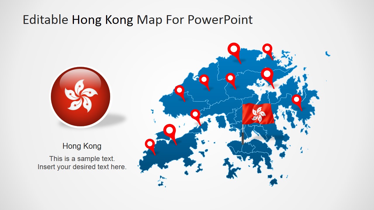Hong Kong Flag Clipart with Map and GPS Markers for PowerPoint