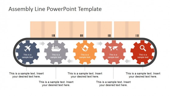 PowerPoint Shapes Five Steps Gears Conveyor Belt