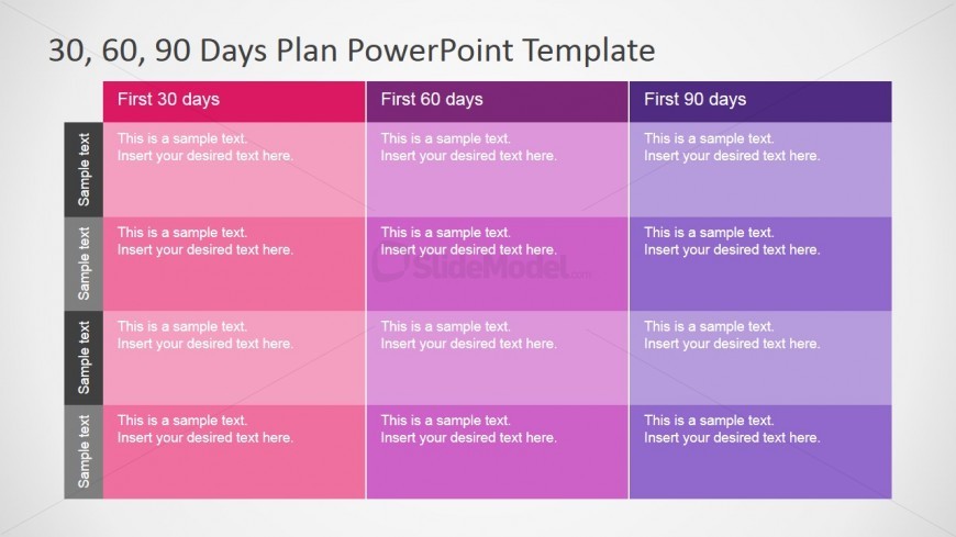 PowerPoint Table Diagram for 30 60 90 Days Plan Presentation