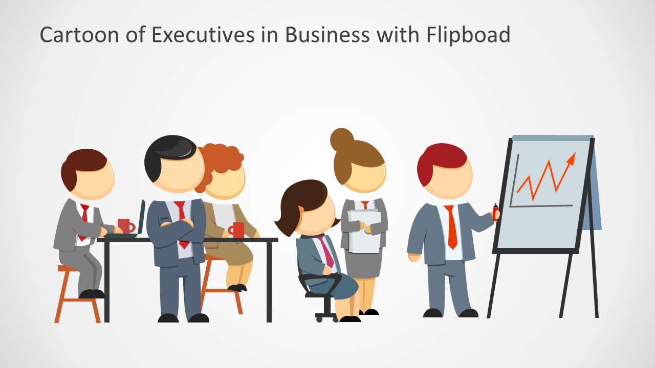 Executives in Business Meeting with Flipboard Cartoon - SlideModel