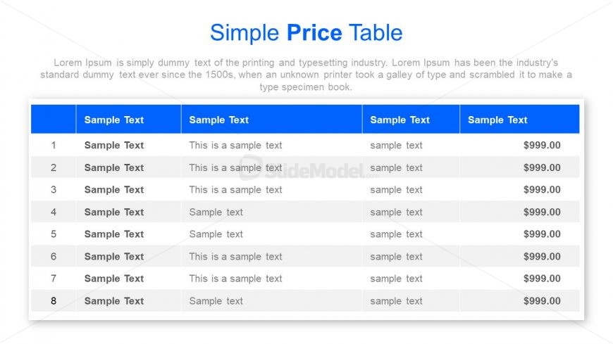 Sample Price Table Business PowerPoint