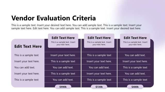 Vendor Evaluation Criteria Slide with Table Diagram