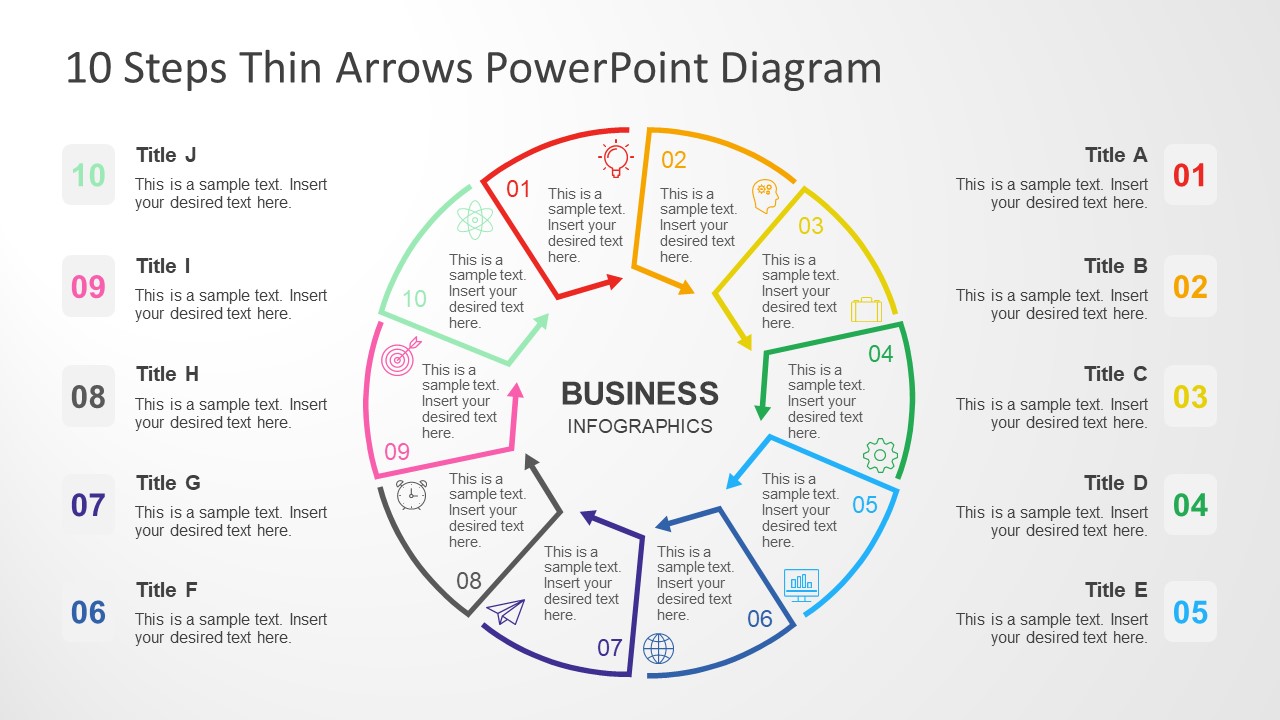 10 Steps Thin Arrows PowerPoint Diagram