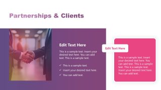 Partnerships & Clients slide featuring a handshake image and editable text boxes for business presentations.