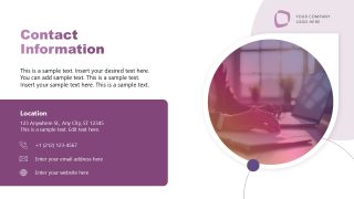 Editable Contact Information Slide for business presentations, featuring a modern layout with purple accents and a professional image.