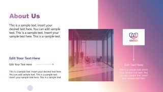 About Us Slide Template with gradient background and text placeholders for business profile presentation.