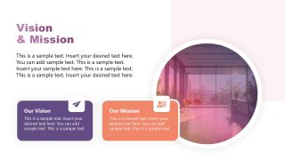Vision & Mission Slide Template featuring rounded boxes for vision and mission statements, with a modern office background.
