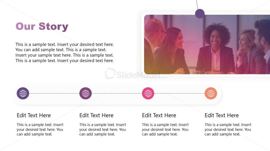 Our Story Slide Template for engaging business presentations, featuring a modern design with a gradient color scheme and a timeline for milestones.