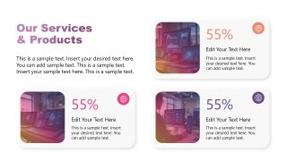 Services Overview Slide Template featuring four service boxes with percentage indicators and editable text areas, designed for business presentations.