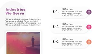 Industries We Serve Slide Template with text boxes and image layout for business presentations.