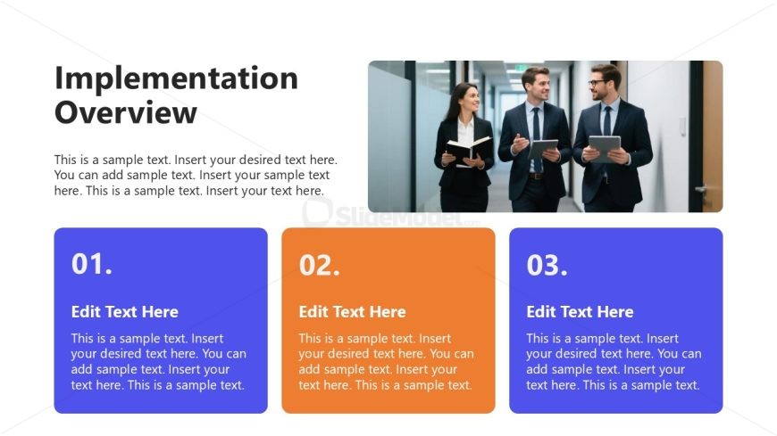 Implementation Overview Slide with Three Blocks - SlideModel