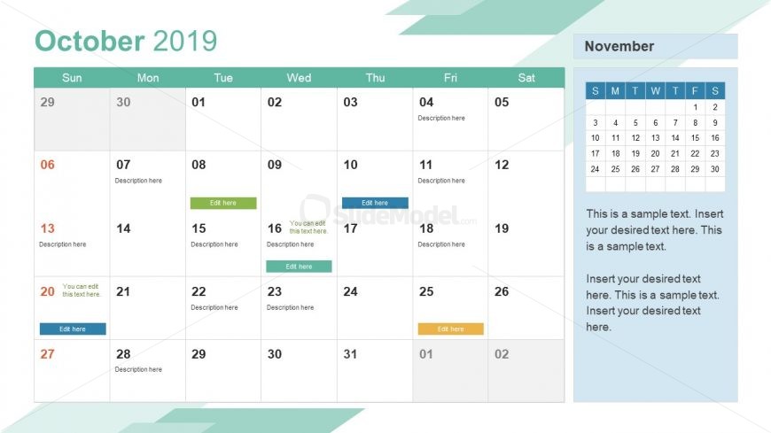 Monthly Calendar 2019 Template October