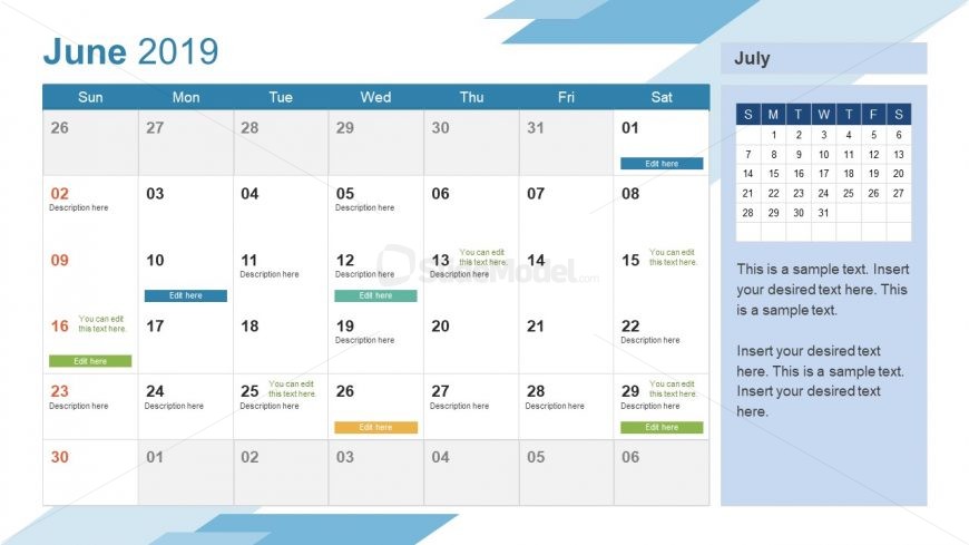 Monthly Calendar 2019 Template June