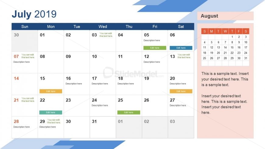 Monthly Calendar 2019 Template July