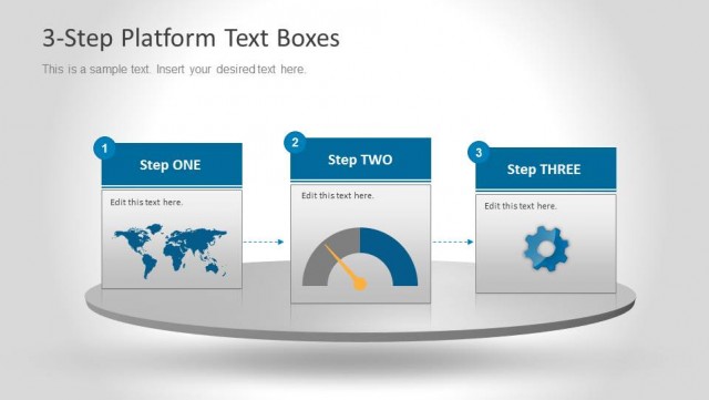 3 Steps Platform with World Map, Chart and Gear Slide Design - SlideModel