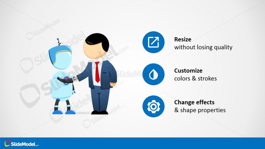 PowerPoint Template Handshaking Metaphor Between Robot and Business Executive.
