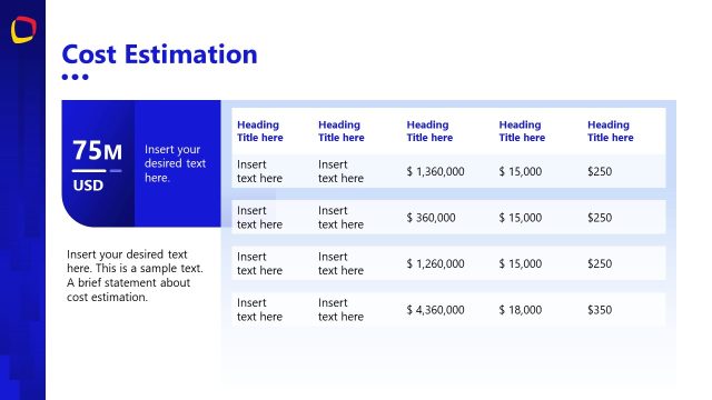 Cost Estimation Table Slide