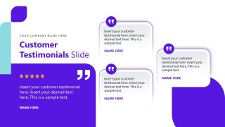 Customer Testimonials Slide with testimonial boxes and star ratings, suitable for insurance company presentations.