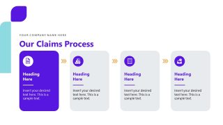 Claims process infographic slide for insurance presentations, featuring a linear layout with four steps and icons.