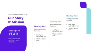 Our Story & Mission Slide Template for insurance presentations, featuring a modern layout with sections for company name, mission, and additional headings.