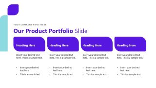 Our Product Portfolio Slide Template with four columns for showcasing insurance products, featuring a modern design with blue and purple colors.