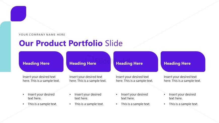 Our Product Portfolio Slide Template with four columns for showcasing insurance products, featuring a modern design with blue and purple colors.