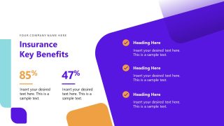 Key Insurance Benefits Slide Template with statistics and headings, designed for insurance presentations.