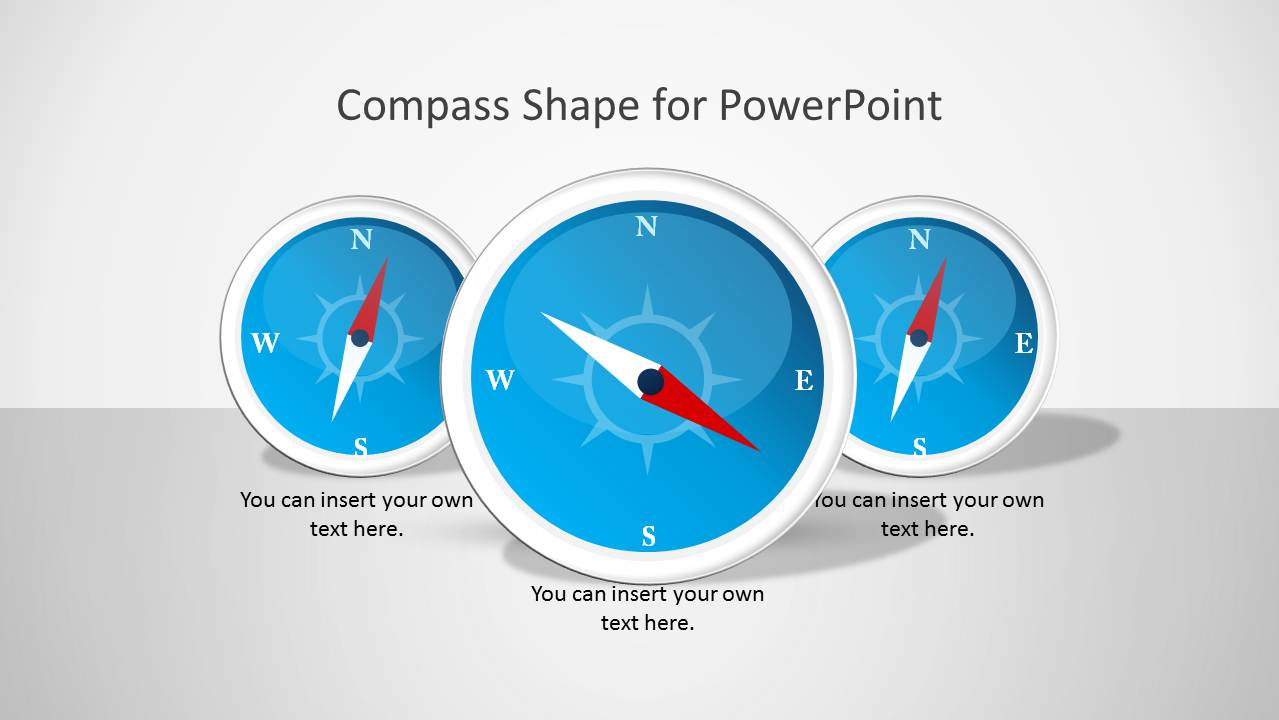 Editable magnetic compass shape and slide design for PowerPoint presentations with blue style