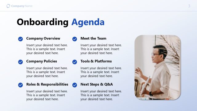 Onboarding Agenda Slide with Bullet Points