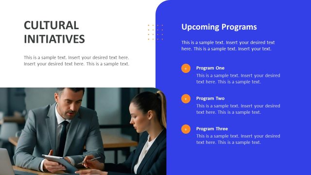 Cultural Initiatives & Upcoming Programs Slide Layout with Text Sections