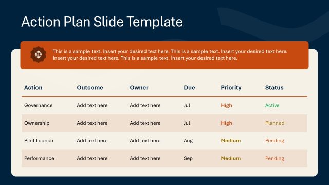 Action Plan Slide with and Editable Table Diagram