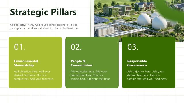Three Strategic Pillars Visualization Slide for Sustainability Report Deck