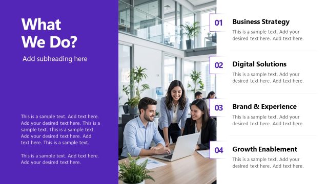 What We Do PPT Slide – Purple White Company Presentation Deck