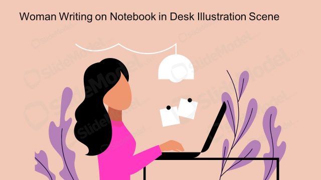 Woman Writing on Notebook in Desk Illustration Scene