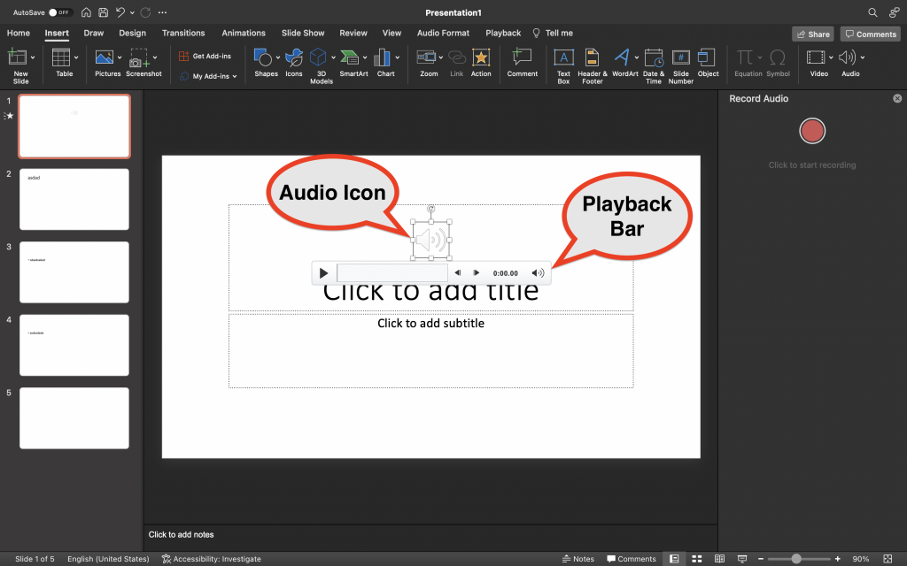 positioning audio narration in slide