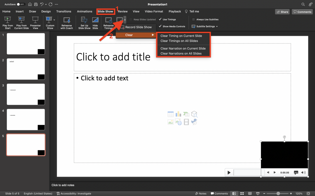 options to clear timings and narrations in PowerPoint presentations