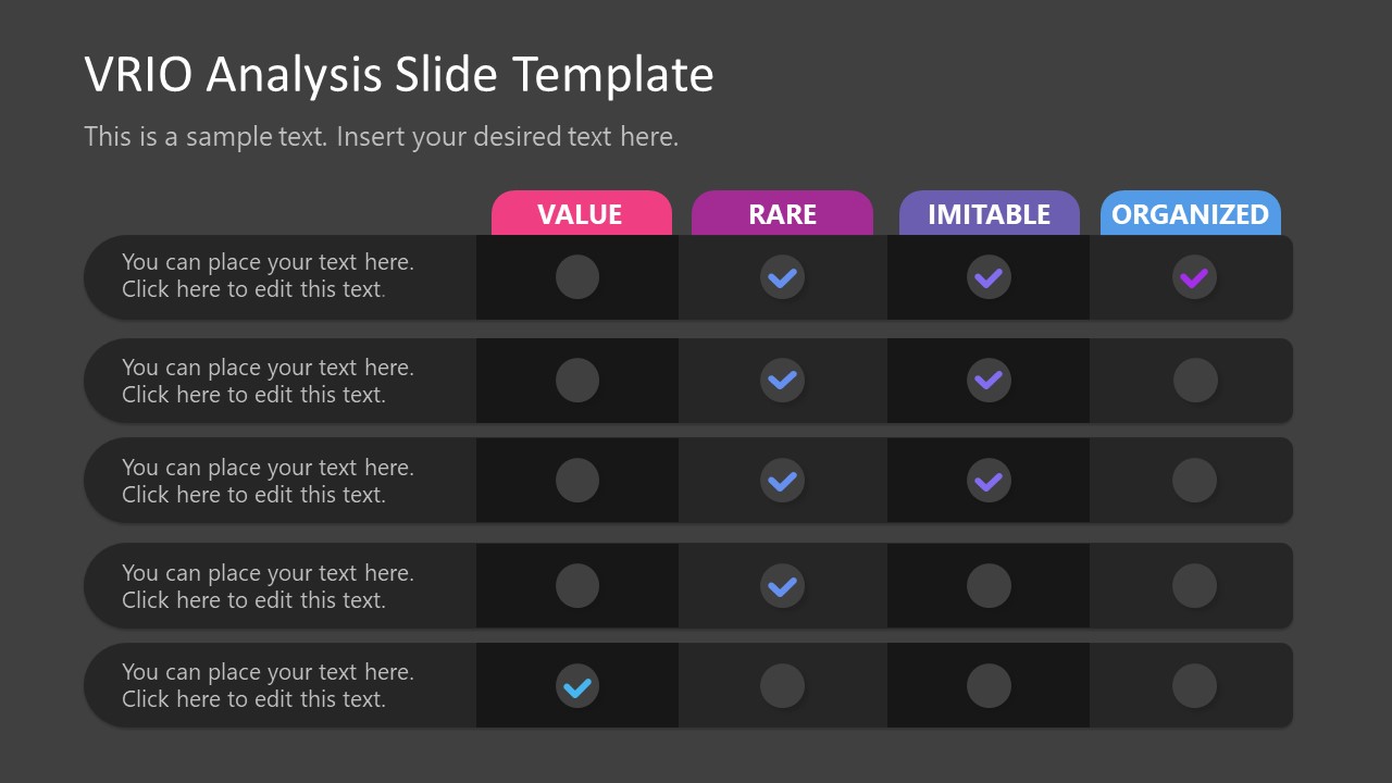 PowerPoint Checklist Slide Design for VRIO Analysis - Dark Background