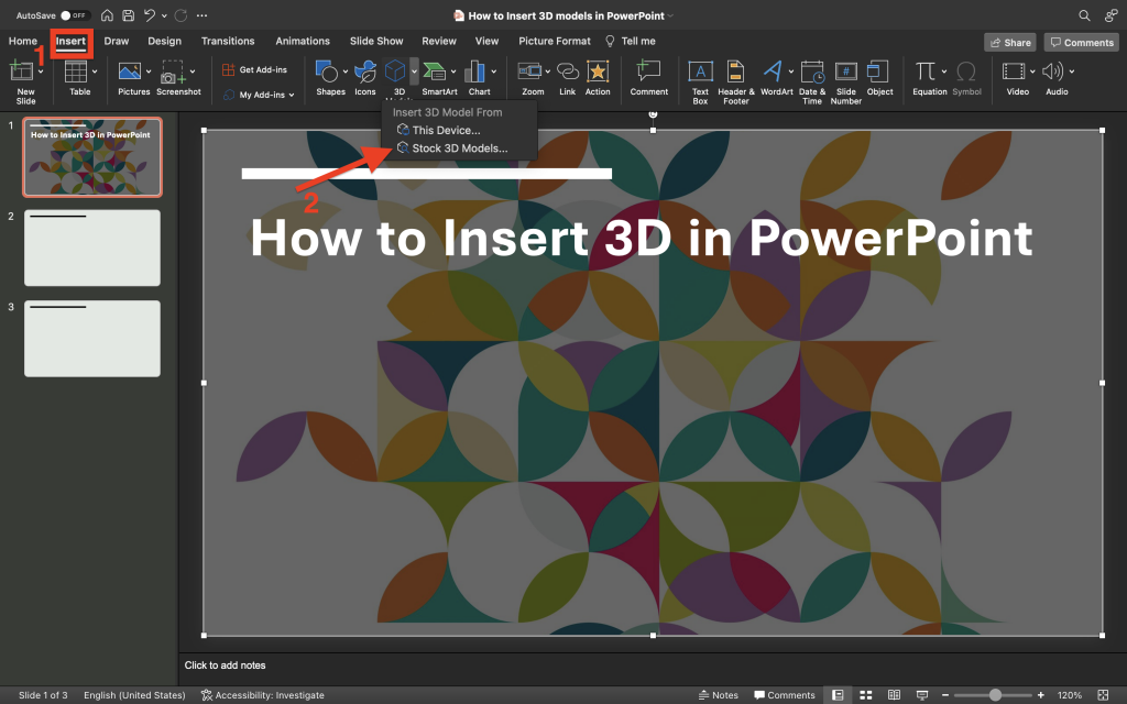Selecting Stock 3D Models from the PowerPoint Insert menu
