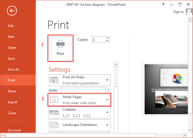 Print notes and slides in PowerPoint 2013