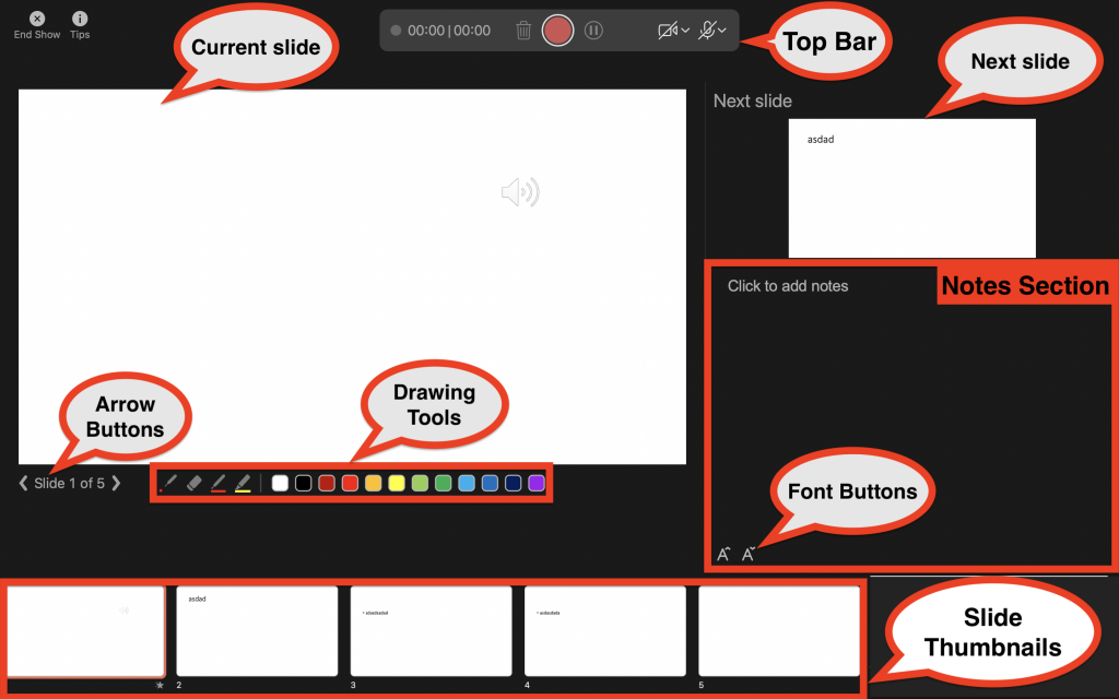 window showing the different parts of the Record Slide menu