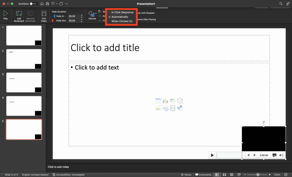 screenshot showing timing options for Playback in PowerPoint
