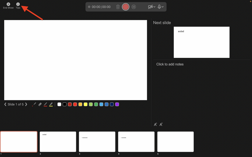 tips button on the Record SlideShow in PowerPoint