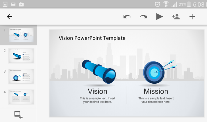 mission and vision PowerPoint template running on Android