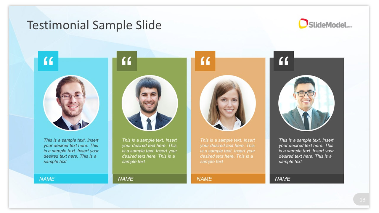 Example of Low Poly slide design for PowerPoint with Testimonial slides