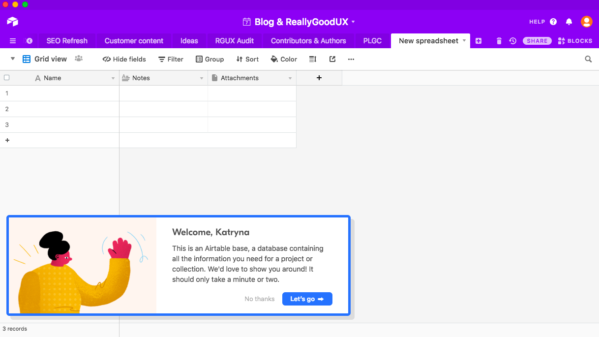 Example of Airtable onboarding the users with a PLG strategy